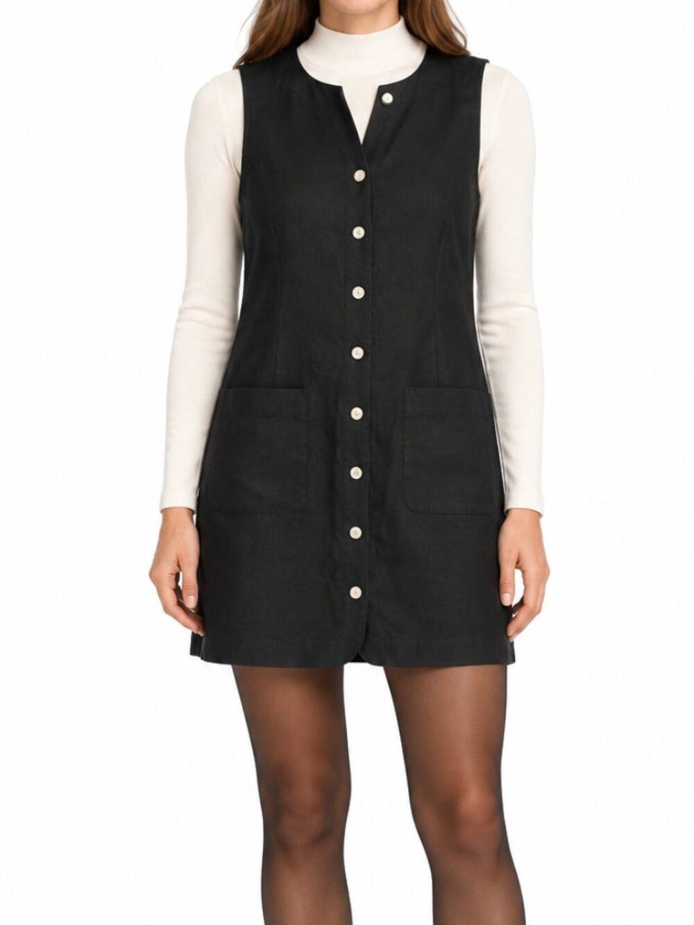 LOFT Black Linen Blend Sleeveless Button Front Shift Mini Dress Pockets Size 8